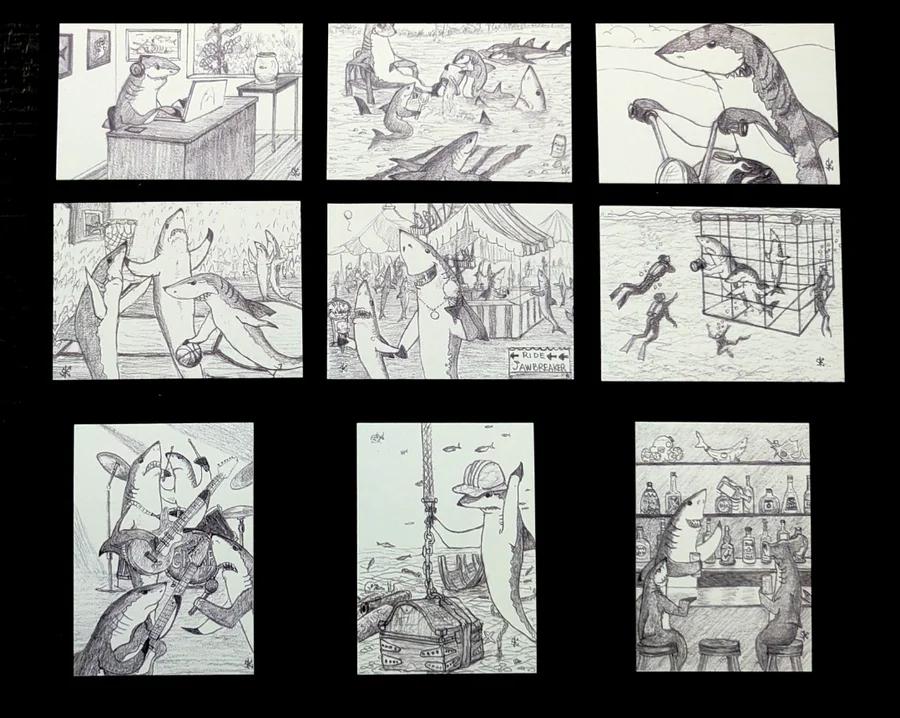 Art Trading Cards:   Sharks At Work And Play 