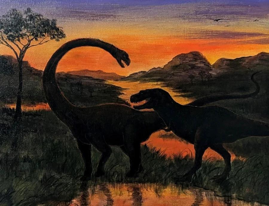 Dinosaurs Battle at Sunset